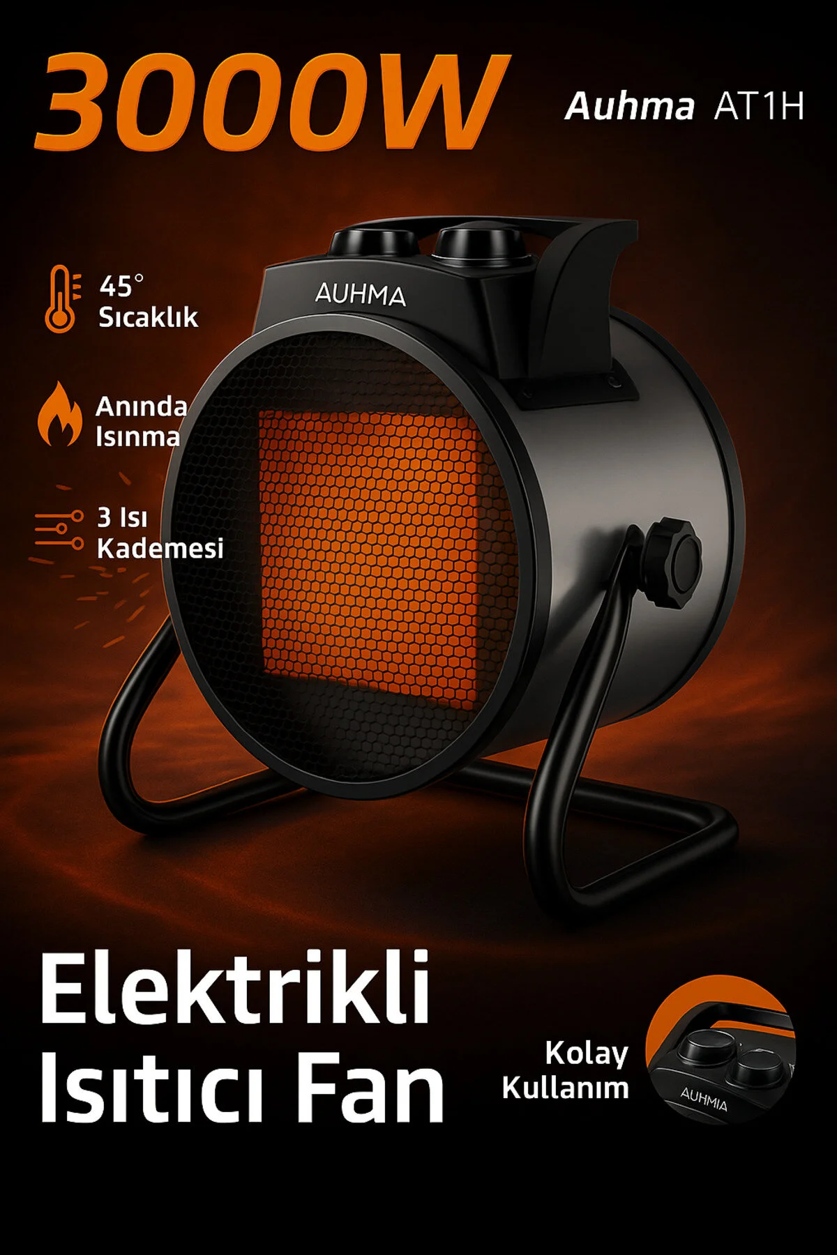 Auhma AT1H Elektrikli Isıtıcı Fan – 3000W, 3 Kademeli Ayarlı PTC Isıtma
